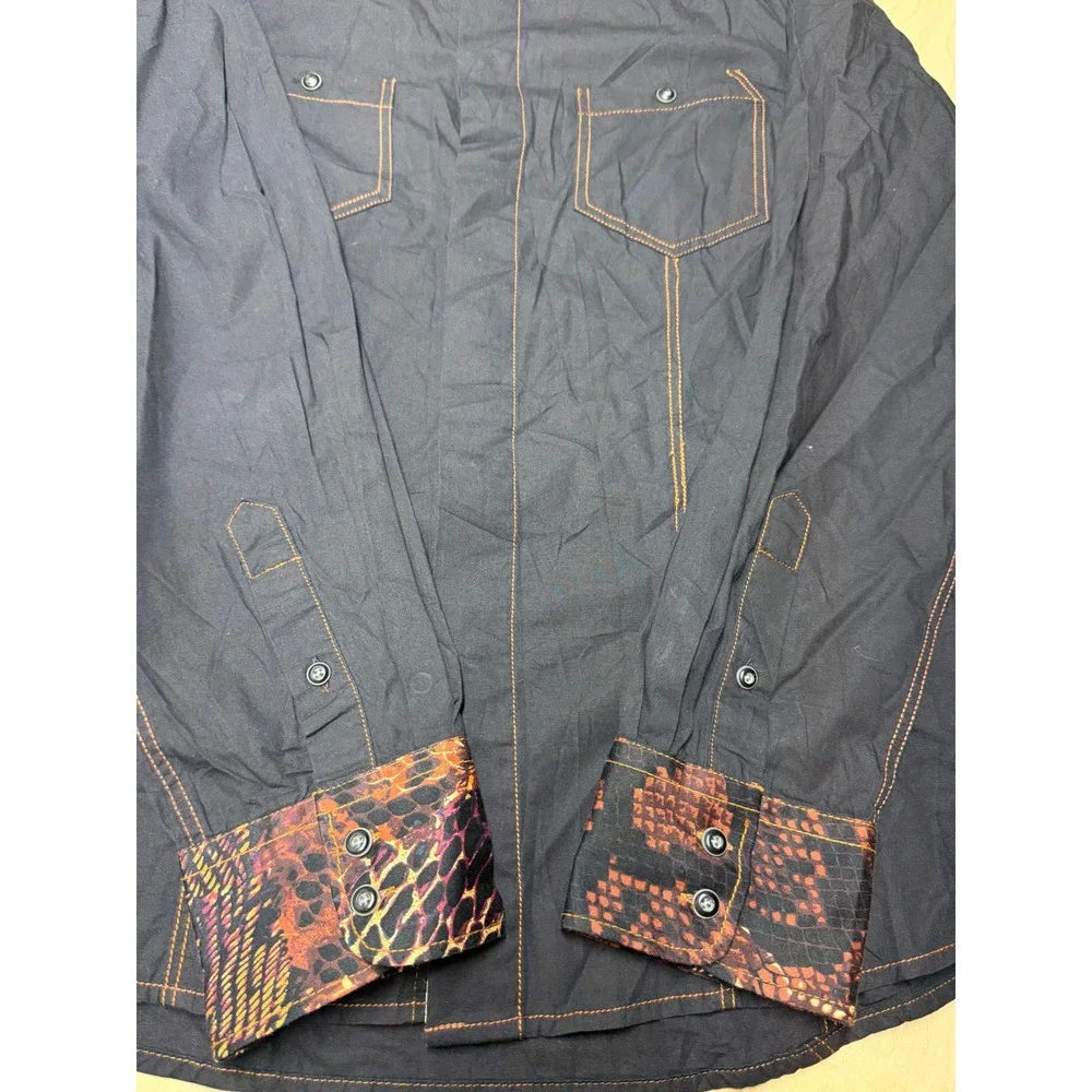 Rock Roll-n-Soul Button Down Mens Large Black Snakeskin Collar Contrast Stitch